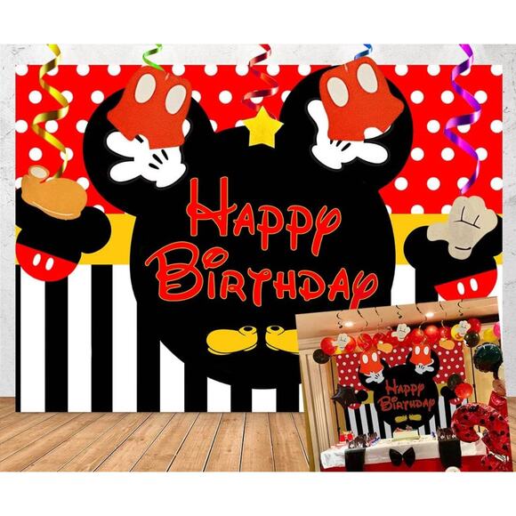 Happy Birthday Black Mouse Banner 5 x 3 Photo Backdrop Kids Party Decor Red - Picture 1 of 5